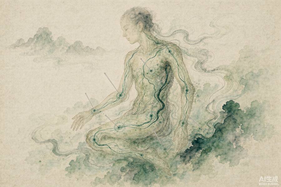 人体经络与银针的针灸工笔图（示意）
